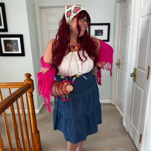 Vintage Denim Ruffle Midi Skirt with Buttons